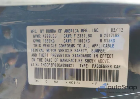 2012 Honda Accord 2.4 Se from USA, damaged, VIN 1HGCP2F60CA098821